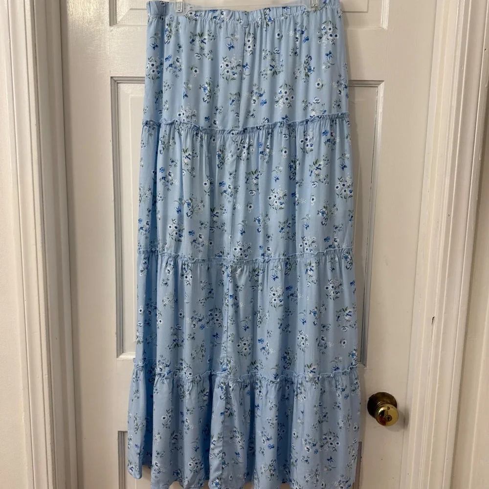 No Comment Blue Daisy Maxi Skirt L Blue Pull On Tiered Shabby Chic Cottagecore - Picture 2 of 3